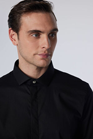 Erkek Slim Fit Dar Kesim Uzun Kollu Pamuklu Gizli Pat Siyah Gömlek