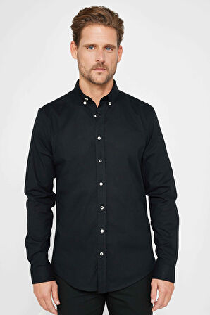 Erkek Slim Fit Dar Kesim Uzun Kollu Pamuklu Siyah Düğmeli Yaka Gömlek