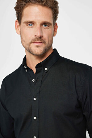 Erkek Slim Fit Dar Kesim Uzun Kollu Pamuklu Siyah Düğmeli Yaka Gömlek