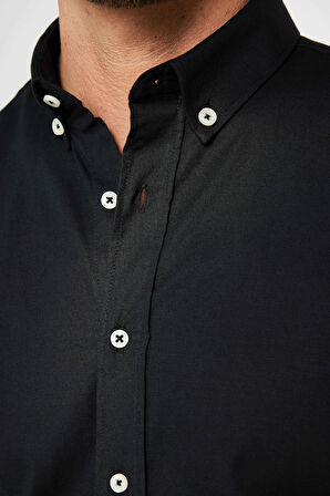 Erkek Slim Fit Dar Kesim Uzun Kollu Pamuklu Siyah Düğmeli Yaka Gömlek