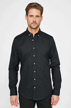 Erkek Slim Fit Dar Kesim Uzun Kollu %100 Pamuk Oxford Doku Siyah Düğmeli Yaka Gömlek