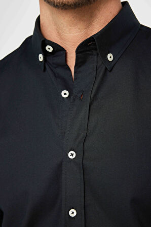 Erkek Slim Fit Dar Kesim Uzun Kollu %100 Pamuk Oxford Doku Siyah Düğmeli Yaka Gömlek