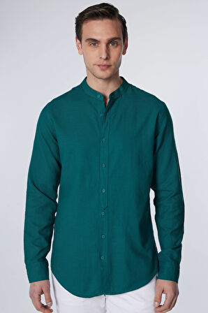 Erkek Slim Fit Dar Kesim Uzun Kollu %100 Pamuk Keten Doku Hakim Yaka Yeşil Gömlek