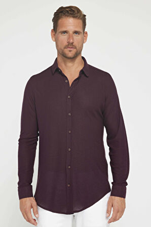 Erkek Slim Fit Dar Kesim Uzun Kollu Örme Kumaş Yazlık Mürdüm Spor Yaka Gömlek