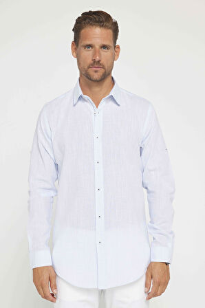 Erkek Slim Fit Dar Kesim Uzun Kollu %100 Pamuk Keten Doku Apoletli Mavi Gömlek