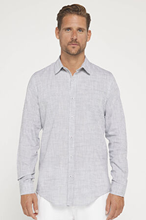 Erkek Slim Fit Dar Kesim Uzun Kollu %100 Pamuk Keten Doku Apoletli Gri Gömlek