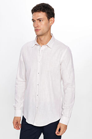 Erkek Slim Fit Dar Kesim Uzun Kollu %100 Pamuk Keten Doku Apoletli Taş Renk Gömlek