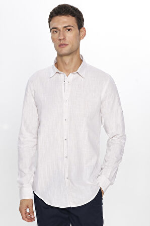 Erkek Slim Fit Dar Kesim Uzun Kollu %100 Pamuk Keten Doku Apoletli Taş Renk Gömlek