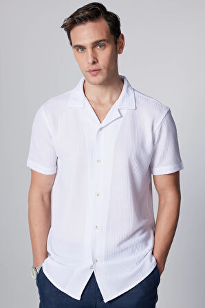 Erkek Slim Fit Dar Kesim Kısa Kollu Örme Kumaş Beyaz Apaş Yaka Gömlek