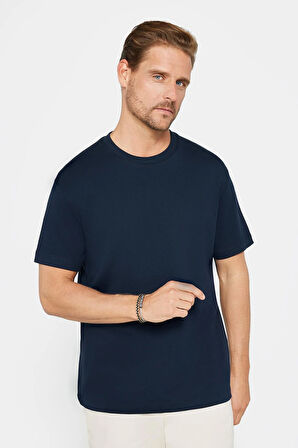 Unisex Relax Fit Rahat Kesim %100 Pamuk Yumuşak Dokulu Hafif Kalın Bisiklet Yaka Lacivert Tişört