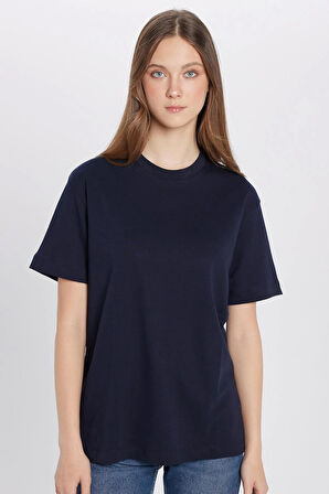 Unisex Relax Fit Rahat Kesim %100 Pamuk Yumuşak Dokulu Hafif Kalın Bisiklet Yaka Lacivert Tişört