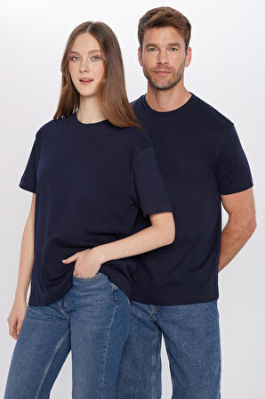 Unisex Relax Fit Rahat Kesim %100 Pamuk Yumuşak Dokulu Hafif Kalın Bisiklet Yaka Lacivert Tişört