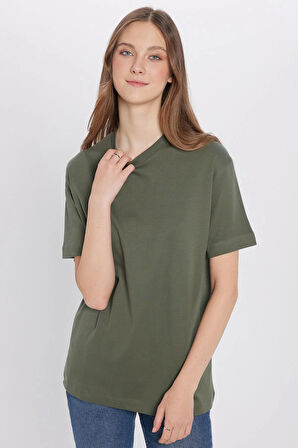 Unisex Relax Fit Rahat Kesim %100 Pamuk Yumuşak Dokulu Hafif Kalın Basic Bisiklet Yaka Haki Tişört