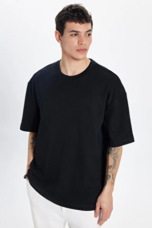 Unisex Oversize Geniş Kesim %100 Pamuk Yumuşak Dokulu Basic Bisiklet Yaka Siyah Tişört