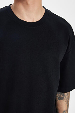 Unisex Oversize Geniş Kesim %100 Pamuk Yumuşak Dokulu Basic Bisiklet Yaka Siyah Tişört