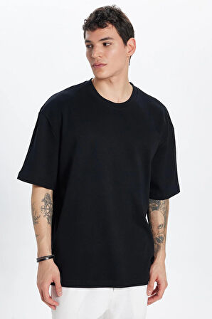 Unisex Oversize Geniş Kesim %100 Pamuk Yumuşak Dokulu Basic Bisiklet Yaka Siyah Tişört