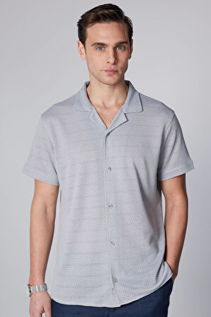 Erkek Slim Fit Dar Kesim Kısa Kollu Örme Kumaş Gri Apaş Yaka Gömlek