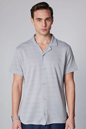 Erkek Slim Fit Dar Kesim Kısa Kollu Örme Kumaş Gri Apaş Yaka Gömlek