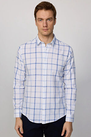 Erkek Slim Fit Dar Kesim Uzun Kollu %100 Pamuk Keten Doku Kareli Gömlek