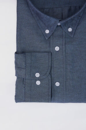 Büyük Beden Uzun Kollu Oxford Doku Yaka Düğmeli Cepli Nakışlı Mavi Erkek Gömlek