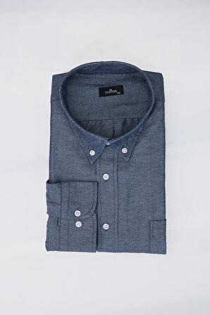 Büyük Beden Uzun Kollu Oxford Doku Yaka Düğmeli Cepli Nakışlı Mavi Erkek Gömlek