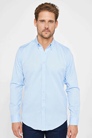 Erkek Slim Fit Dar Kesim Uzun Kollu Pamuklu Oxford Doku Kolay Ütü Mavi Düğmeli Yaka Gömlek