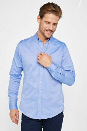 Erkek Slim Fit Dar Kesim Uzun Kollu Pamuklu Oxford Doku Kolay Ütü Mavi Düğmeli Yaka Gömlek