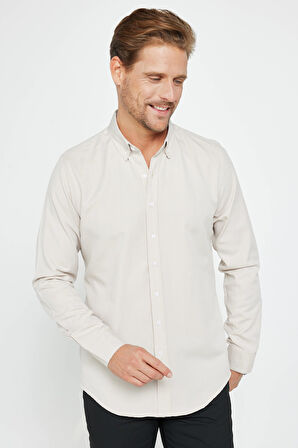 Erkek Slim Fit Dar Kesim Uzun Kollu Pamuklu Oxford Doku Kolay Ütü Taş Renk Düğmeli Yaka Gömlek