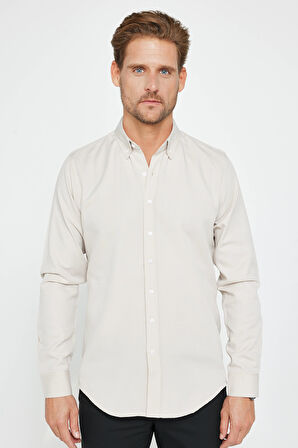 Erkek Slim Fit Dar Kesim Uzun Kollu Pamuklu Oxford Doku Kolay Ütü Taş Renk Düğmeli Yaka Gömlek