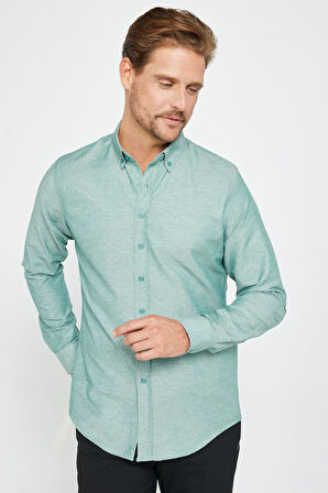 Erkek Slim Fit Dar Kesim Uzun Kollu Pamuklu Oxford Doku Kolay Ütü Yeşil Düğmeli Yaka Gömlek