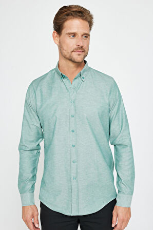 Erkek Slim Fit Dar Kesim Uzun Kollu Pamuklu Oxford Doku Kolay Ütü Yeşil Düğmeli Yaka Gömlek