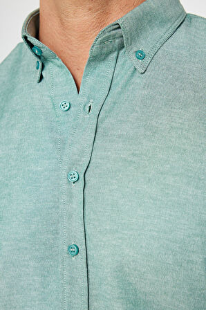 Erkek Slim Fit Dar Kesim Uzun Kollu Pamuklu Oxford Doku Kolay Ütü Yeşil Düğmeli Yaka Gömlek