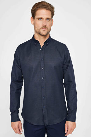 Erkek Slim Fit Dar Kesim Uzun Kollu Pamuklu Oxford Doku Kolay Ütü Lacivert Düğmeli Yaka Gömlek