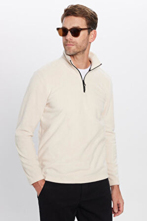 Unisex Standart Fit Anti-pilling Tüylenme Yapmayan Soğuk Geçirmez Bej Bato Yaka Polar Sweatshirt