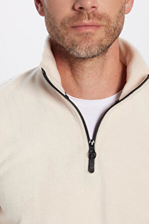 Unisex Standart Fit Anti-pilling Tüylenme Yapmayan Soğuk Geçirmez Bej Bato Yaka Polar Sweatshirt