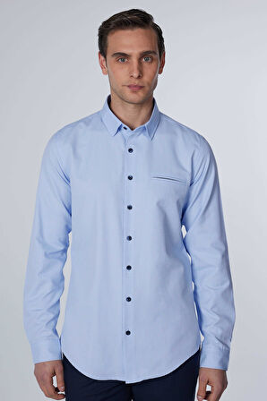 Erkek Slim Fit Dar Kesim Uzun Kollu Pamuklu Armürlü Tek Cepli Mavi Gömlek