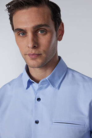 Erkek Slim Fit Dar Kesim Uzun Kollu Pamuklu Armürlü Tek Cepli Mavi Gömlek