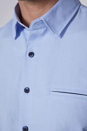 Erkek Slim Fit Dar Kesim Uzun Kollu Pamuklu Armürlü Tek Cepli Mavi Gömlek
