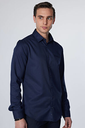Erkek Slim Fit Dar Kesim Uzun Kollu Pamuklu Armürlü Tek Cepli Lacivert Gömlek