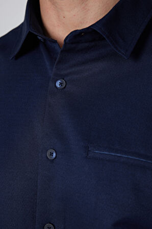 Erkek Slim Fit Dar Kesim Uzun Kollu Pamuklu Armürlü Tek Cepli Lacivert Gömlek