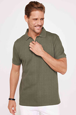 Erkek Slim Fit Dar Kesim %100 Pamuk Düz Pike Haki Polo Yaka Tişört