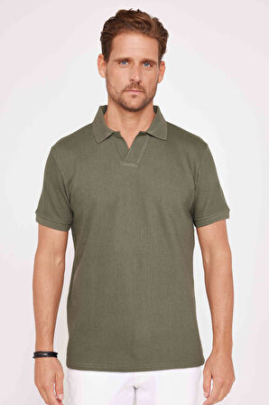Erkek Slim Fit Dar Kesim %100 Pamuk Düz Pike Haki Polo Yaka Tişört