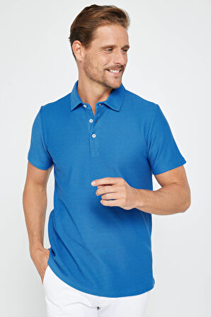 Erkek Slim Fit Dar Kesim %100 Pamuk Armürlü Sax Mavi Polo Yaka Tişört