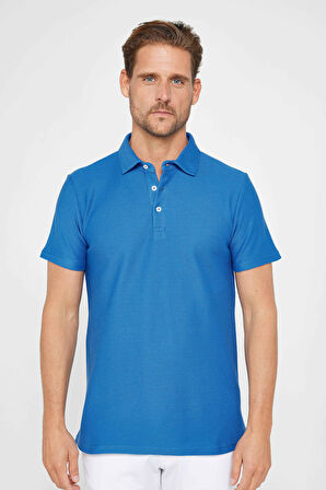 Erkek Slim Fit Dar Kesim %100 Pamuk Armürlü Sax Mavi Polo Yaka Tişört
