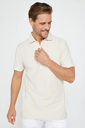 Erkek Slim Fit Dar Kesim %100 Pamuk Armürlü Ekru Polo Yaka Tişört