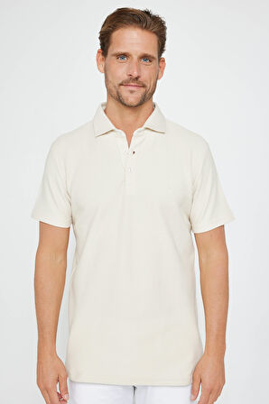 Erkek Slim Fit Dar Kesim %100 Pamuk Armürlü Ekru Polo Yaka Tişört