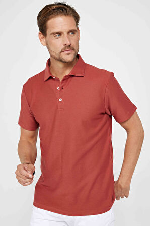 Erkek Slim Fit Dar Kesim %100 Pamuk Armürlü Kiremit Renk Polo Yaka Tişört