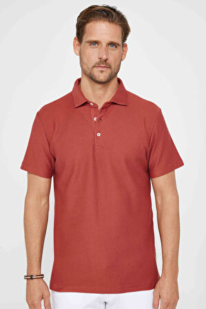 Erkek Slim Fit Dar Kesim %100 Pamuk Armürlü Kiremit Renk Polo Yaka Tişört