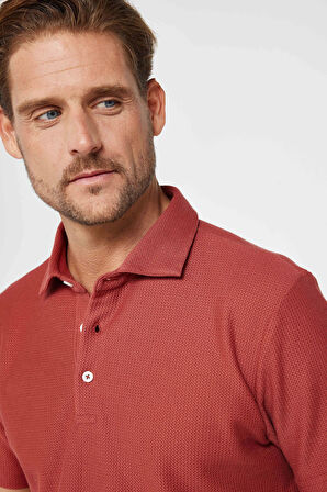 Erkek Slim Fit Dar Kesim %100 Pamuk Armürlü Kiremit Renk Polo Yaka Tişört