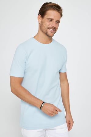 Erkek Slim Fit Dar Kesim %100 Pamuk Yumuşak Dokulu Desenli Mavi Bisiklet Yaka Tişört